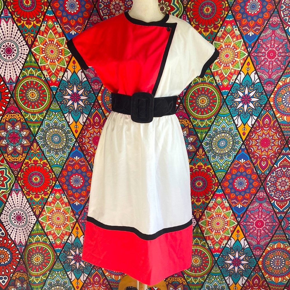 🌟SOLD🌟 Vintage 1980s White & Salmon Pink Dress Sz 12 - Picture 1 of 9